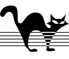 A picture of a black cat with the strings of the guitar going through it